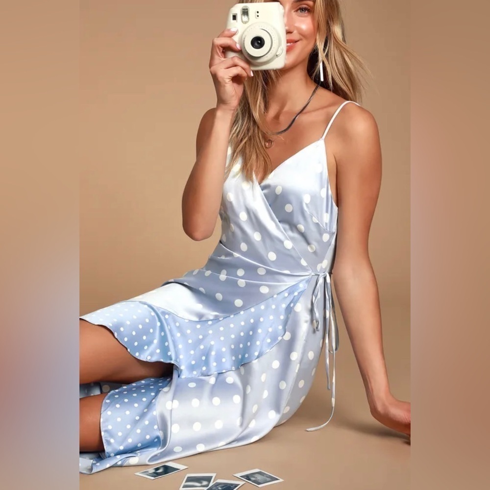 Lulu’s XS Love Dottie light blue polka dot satin true wrap dress